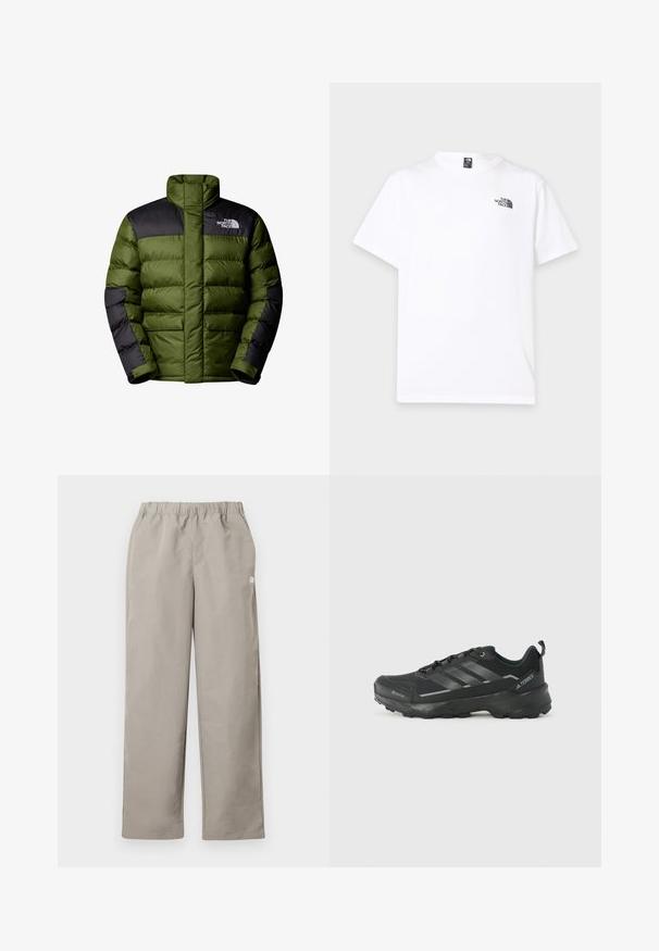 The North Face M LIMBARA INSULATED JACKET - Winterjas - woodland green; Wit T-shirt met korte mouwen, ronde hals en klein zwart The North Face-logo op de bovenste linkerborst.; Beige rechte broek met elastische tailleband en een klein wit logo op het rechter zijnnaad.; Zwarte sportschoen met een gestepeld stoffen bovenwerk, drie zilveren strepen, versterkte neus en een robuuste rubberen zool voor tractie.