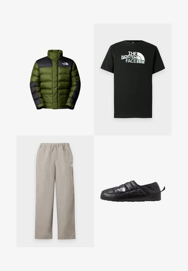 The North Face M LIMBARA INSULATED JACKET - Chaqueta de invierno - woodland green; Camiseta negra de algodón con un diseño de logo impreso en blanco y gris, mangas cortas y cuello redondo.; Pantalones beige de corte recto con cinturilla elástica y un pequeño logo blanco en la costura lateral derecha.; Zapato negro de tipo slip-on con un diseño acolchado, hecho de material acolchado. Presenta una suela de goma texturizada y una pequeña lengüeta en la parte trasera.