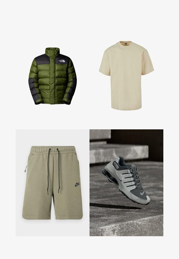 The North Face M LIMBARA INSULATED JACKET - Winterjas - woodland green; Beige katoenen T-shirt met een klassieke ronde hals en korte mouwen. Soepele textuur, rechte snit en zonder zichtbare patronen of accenten.; Olijfgroene Nike-short met zwarte trekkoord, elastische tailleband, zijzakken en Nike-logo op het linkerbeen.; Grijze en zwarte Nike Shox sportschoen zwevend boven een getextureerd betonnen oppervlak met schaduwen eronder.