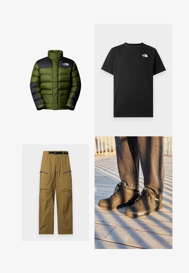 The North Face M LIMBARA INSULATED JACKET - Winterjacke - woodland green; Schwarzes Baumwoll-T-Shirt mit kurzen Ärmeln, rundem Halsausschnitt und einem kleinen weißen Logo auf der linken Brustseite. Glatte Textur, reguläre Passform.; Khakifarbene Outdoor-Hose mit schwarzem verstellbarem Gürtel, zwei Reißverschluss-Oberschenkeltaschen und Knie-Nähten, auf einfachem Hintergrund dargestellt.; Schwarze Timberland-Wanderstiefel mit hohem Schaft, strukturierten Oberflächen und runden Schnürsenkeln, vor einem Holzboden-Hintergrund.