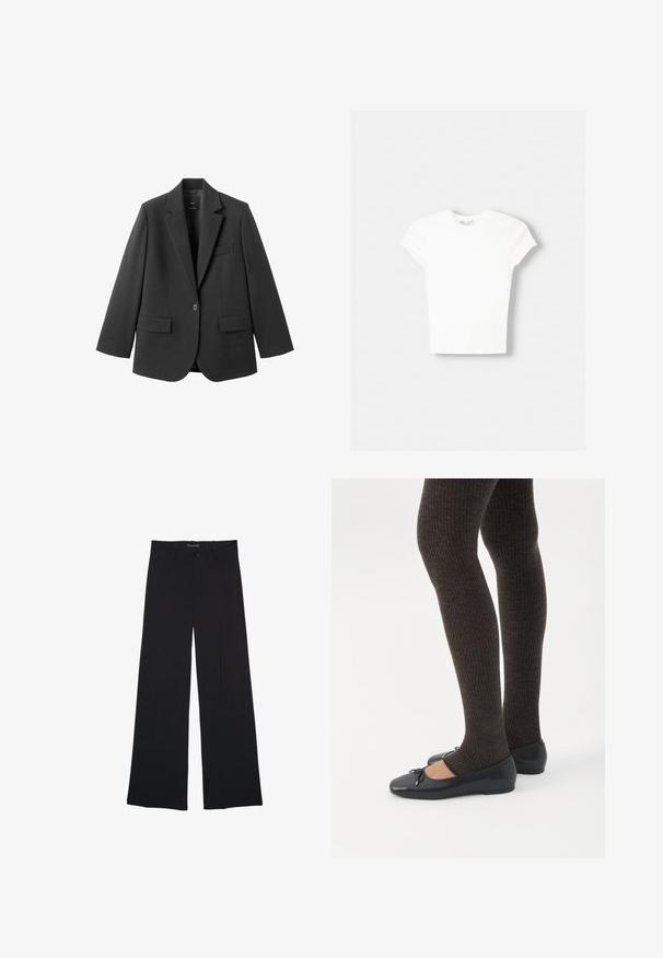 Blazer noir en tissu lisse, doté d'un revers cranté, d'une fermeture à un bouton et de deux poches avant. Design simple et ajusté.; T-shirt blanc à manches courtes en coton doux, avec un col rond et une coupe ajustée. Pas de motifs ni d'ornements visibles.; Pantalon noir à jambes larges avec passants de ceinture, bouton frontal et fermeture éclair, étalé à plat sur un fond blanc.; Jambes portant des leggings côtelés foncés associés à des ballerines noires avec de petits détails en nœud sur fond blanc.