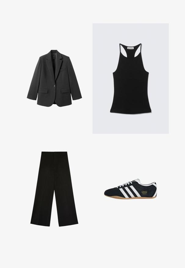 Blazer noir en tissu lisse, doté d'un revers cranté, d'une fermeture à un bouton et de deux poches avant. Design simple et ajusté.; Débardeur noir sans manches à dos nageur avec étiquette "WEEKDAY" sur le haut du dos, présenté sur un fond gris clair.; Pantalon noir à jambes larges avec fermeture par bouton et zip, passants de ceinture et plis d’avant, posé à plat sur fond blanc.; Sneakers en suede noir avec trois bandes blanches, logo doré et semelle en caoutchouc marron. Présente un design à lacets à profil bas.