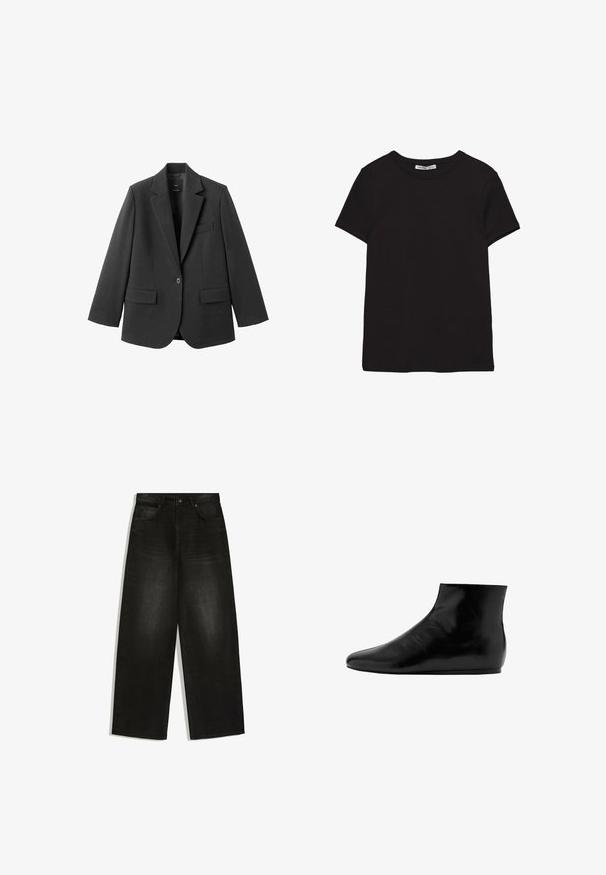 Blazer noir en tissu lisse, doté d'un revers cranté, d'une fermeture à un bouton et de deux poches avant. Design simple et ajusté.; T-shirt noir en coton à manches courtes avec encolure ronde, coupe standard et étiquette intérieure visible au niveau du col.; Jean en denim noir à jambes larges, fermeture devant par bouton et zip, passants de ceinture et deux poches avant sur fond blanc.; Bottine en cuir noir avec une surface lisse, semelle plate, bout rond et un design minimaliste.
