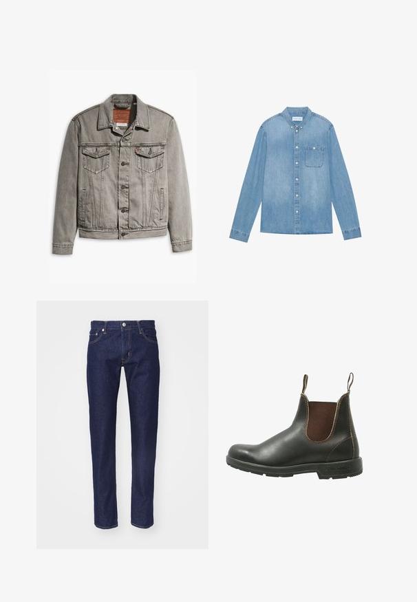 Grijze denimjack met een puntige kraag, drie voorkruisen, knoopsluiting en contrasterend stiksel op de mouwen en het lichaam.; Lichtblauw denim overhemd met knopen, lange mouwen, spitse kraag, één borstzak en subtiele vervaging op de stof.; Marineblauwe denim spijkerbroek met een rechte pasvorm, vijf-pocket ontwerp, contrasterende oranje stiksels en een zilveren knoopsluiting aan de taille.; Chelsea-boots van glad zwart leer met bruine elastische zijpanelen, contrasterende stiksels en een gestructureerde rubberen zool.