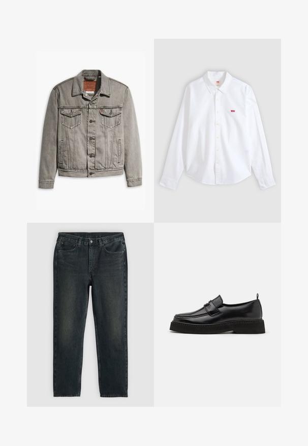 Grå denimjakke med spids krave, tre forlommer, knaplukning og kontraststing på ærmerne og kroppen.; Hvid langærmet skjorte med knapper og krave samt lille rødt Levi's-logo på venstre brystområde på en neutral baggrund.; Mørkeblå denimjeans med lige ben, der har fem lommer, lynlås og kontrasterende syninger. Diskret falming på stoffet.; Sorte læder loafersko i stil med flad, tekstureret sål, med en syet tå og en rem over vristen.