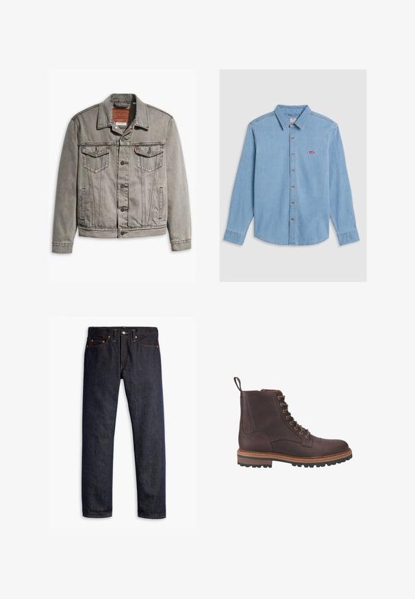 Grå denimjakke med spids krave, tre forlommer, knaplukning og kontraststing på ærmerne og kroppen.; Lyseblå denimskjorte med lange ærmer, knaplukning foran og spidse kraver. Har brune knapper og et lille rødt logo-patch.; Mørkeblå denimjeans med lige pasform, fem-lomme design, kobbernitter, gul syning og et markant struktureret stof.; Brune læder støvler med snørebånd ved anklen, med en tekstureret overflade, kontrasterende beige såler og metaløjer. Har en trækflig for nem påtagning.
