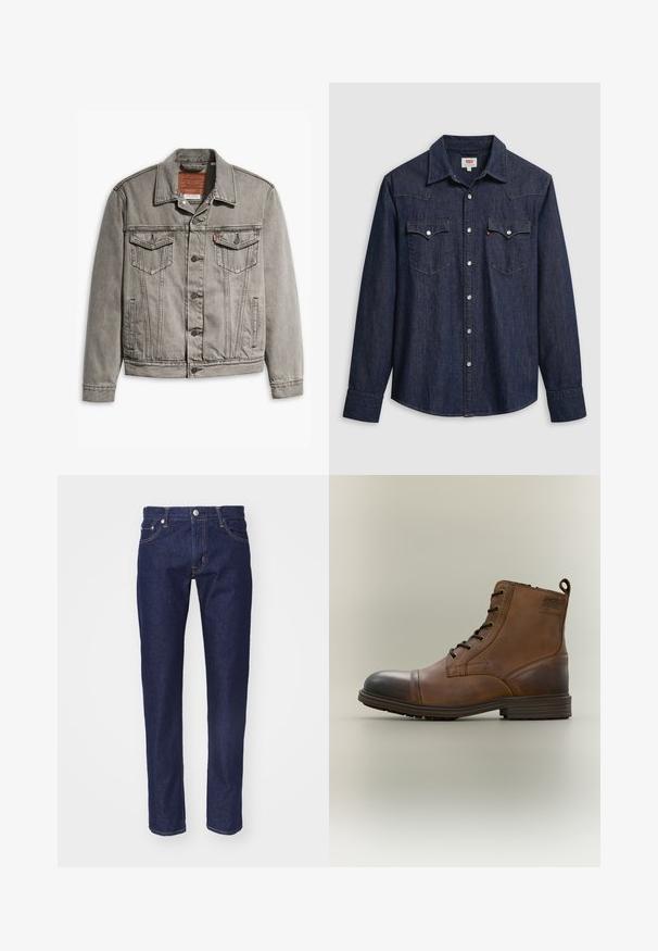 Grijze denimjack met een puntige kraag, drie voorkruisen, knoopsluiting en contrasterend stiksel op de mouwen en het lichaam.; Donkerblauw denimhemd met een puntige kraag, drukknoopsluiting en borstzakken. Heeft stikseldetail en lange mouwen.; Marineblauwe denim spijkerbroek met een rechte pasvorm, vijf-pocket ontwerp, contrasterende oranje stiksels en een zilveren knoopsluiting aan de taille.; Bruine leren enkellaars met veters, zwarte neuskap, ronde zool en merkdetail aan de zijkant tegen een effen achtergrond.