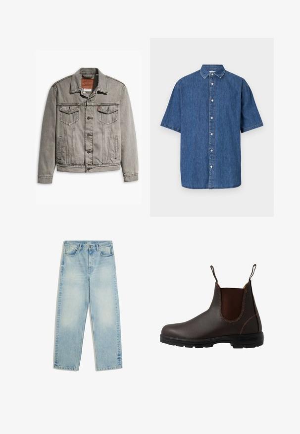 Grijze denimjack met een puntige kraag, drie voorkruisen, knoopsluiting en contrasterend stiksel op de mouwen en het lichaam.; Donkerblauwe spijkerbloes met korte mouwen. Beschikt over een knoopsluiting aan de voorkant, een klassieke kraag en gestikte details langs de randen.; Lichtblauwe jeans met rechte pijpen en hoge taille, met knoop aan de voorkant, rits, ceintuurlussen en voorzakken, plat afgebeeld op een witte achtergrond.; Bruine leren Chelsea-laars met elastisch zijpaneel, bruine stiksels, trekriempjes en een duurzame rubberen zool met een gestructureerd patroon.