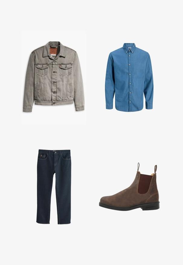 Grå denimjakke med spids krave, tre forlommer, knaplukning og kontraststing på ærmerne og kroppen.; Blå skjorte med knapper, lavet af denim, med krave og lange ærmer. Ensartet tekstur med synlige knapper ned ad fronten.; Mørkeblå denimjeans med lige ben, der har forlommer og diskrete syningsdetaljer. Glat tekstur, klassisk stil.; Brune læder ankelstøvle med elastiske sidelapper, rund tå og sort gummisål. Subtile tekstur- og syningsdetaljer.