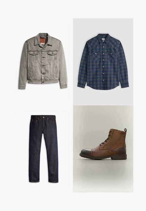 Grå denimjakke med spids krave, tre forlommer, knaplukning og kontraststing på ærmerne og kroppen.; Langærmet blå og grå ternet skjorte med knapper, spids krave og to knaplukker på brystlommerne.; Mørkeblå denimjeans med lige pasform, fem-lomme design, kobbernitter, gul syning og et markant struktureret stof.; Brun læderstøvle med snørebånd, sort tåhætte, rund sål og mærket detalje på siden mod ensfarvet baggrund.