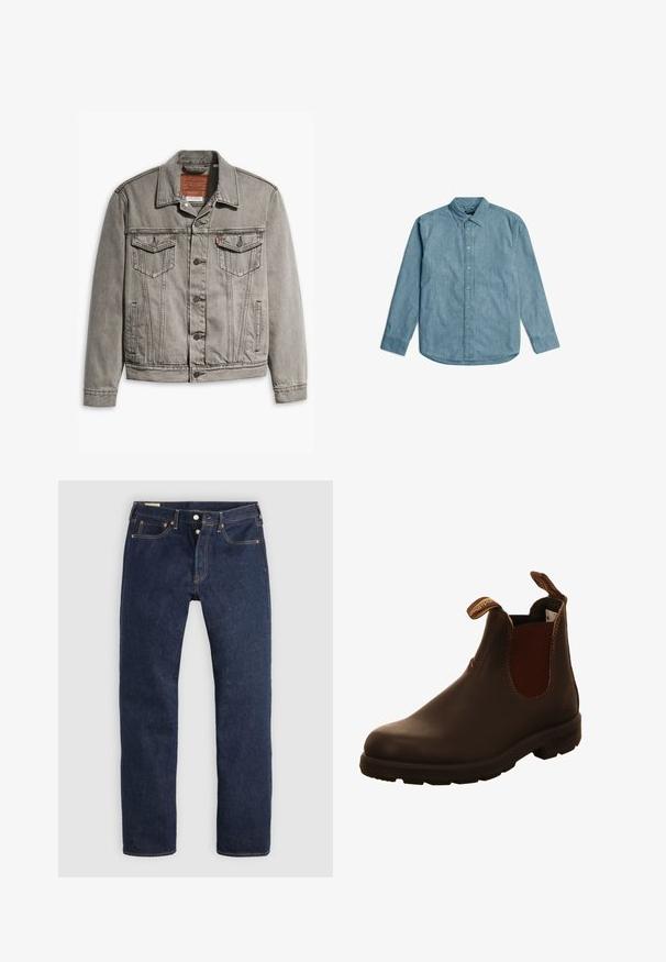Grijze denimjack met een puntige kraag, drie voorkruisen, knoopsluiting en contrasterend stiksel op de mouwen en het lichaam.; Lichtblauwe denimikker met een button-down kraag, lange mouwen en een gebogen zoom. Heeft een subtiele textuur en een standaard knopenlijst.; Donkerblauwe recht gesneden spijkerbroek met knoopsluiting, voor- en achterzakken en contrasterende stiksels, plat gelegd op een lichte achtergrond.; Bruine leren enkellaars met elastische zijkanten, trekhaakjes en een gestructureerde rubberen zool. Gladde afwerking met contrasterende stikseldetails.