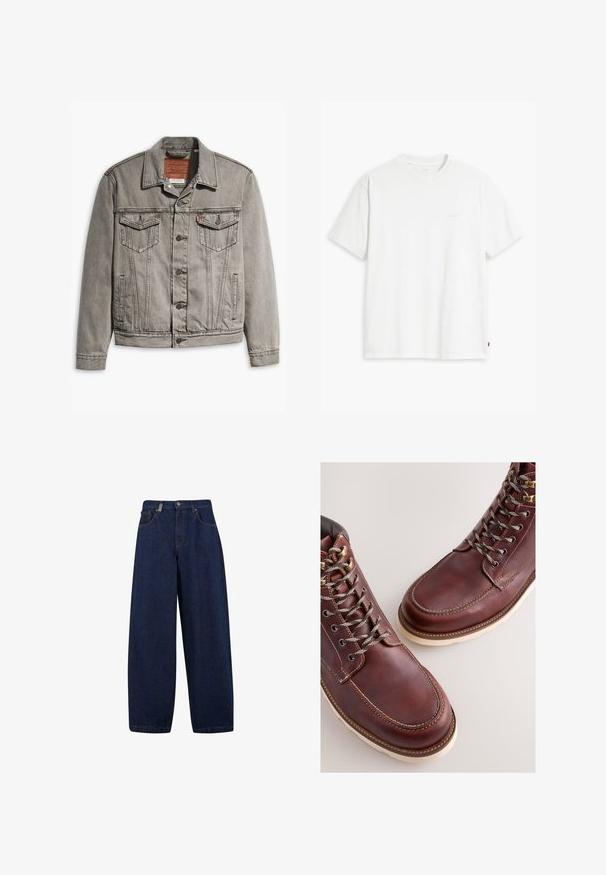 Grå denimjakke med spids krave, tre forlommer, knaplukning og kontraststing på ærmerne og kroppen.; Hvid t-shirt i bomuld med korte ærmer, rund halsudskæring og en diskret "Levi's"-logo trykt i lyse farver på forsiden.; Løse, mørkeblå denimjeans med høj talje, frontlommer og lige ben. Inkluderer sølvfarvet hardware og minimal syning.; Brune læderstøvler med en glat finish, med metal-øjer, grå snørebånd og en cremefarvet gummisål. Syning langs kanterne som detalje.