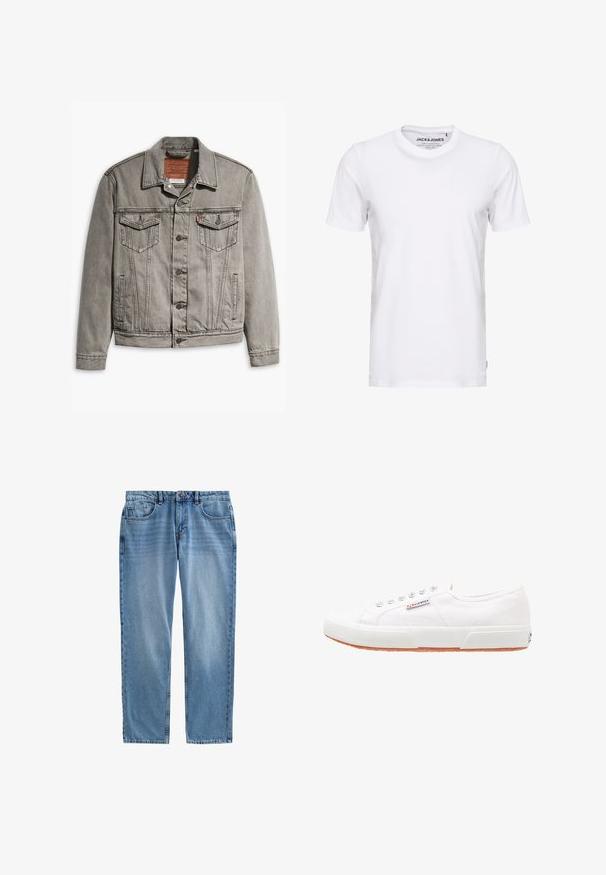 Chaqueta de mezclilla gris con cuello puntiagudo, tres bolsillos frontales, cierre de botones y costuras contrastantes en las mangas y el cuerpo.; Camiseta de manga corta blanca, hecha de algodón, con cuello redondo y un diseño sencillo. Etiqueta de la marca visible en la zona del cuello. Sin patrones ni detalles.; Jeans de mezclilla azul claro con corte recto, diseño de cinco bolsillos, costuras visibles y cremallera. Sin desgastes ni patrones presentes.; Zapatillas de lona blancas con suela de goma, diseño de cordones y una pequeña etiqueta con el logo en el lateral. Parte superior texturizada blanca y suela marrón.