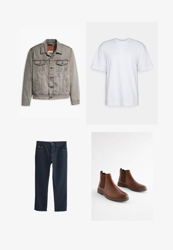 Chaqueta de mezclilla gris con cuello puntiagudo, tres bolsillos frontales, cierre de botones y costuras contrastantes en las mangas y el cuerpo.; Filippa K HEAVY CREW NECK TEE - Camiseta básica - white; Pantalones vaqueros de mezclilla azul oscuro con un diseño de pierna recta, que cuentan con bolsillos delanteros y detalles sutiles de costura. Textura suave, estilo clásico.; Botas de cuero marrón hasta el tobillo con paneles elásticos laterales, punta redondeada y tacón apilado. Textura suave con acentos marrones contrastantes.