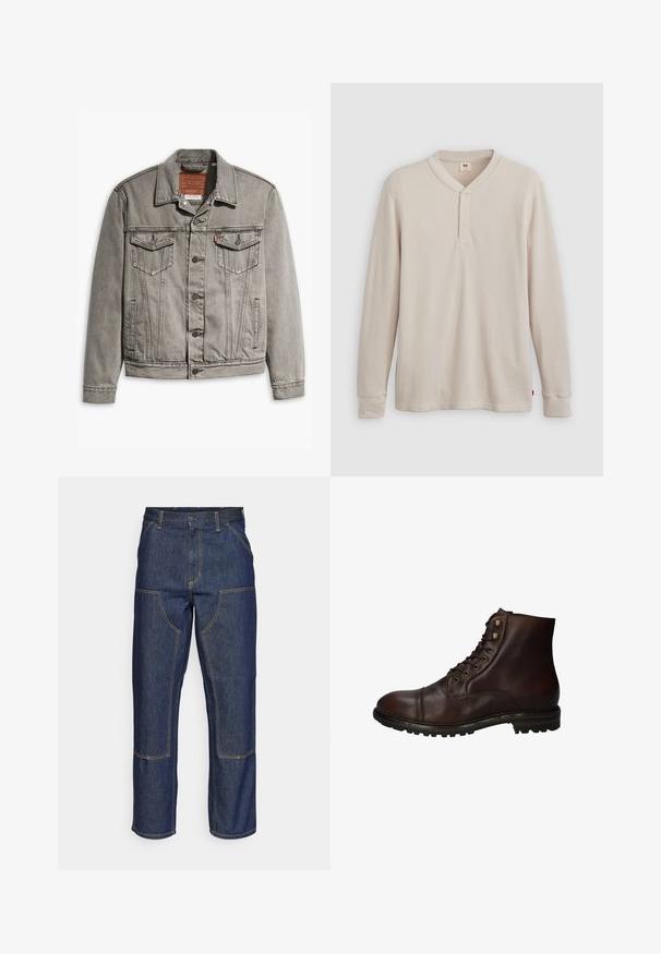 Grijze denimjack met een puntige kraag, drie voorkruisen, knoopsluiting en contrasterend stiksel op de mouwen en het lichaam.; Lange mouwen henley-shirt in lichtbeige ribbelstof, met een V-hals, een drieknoopsluiting en manchetten. Rode logo-label aan de onderkant.; Donkerblauwe denim jeans met een hoge taille, rechte pijpen, contrasterende stiksels en opgestikte zakken aan de voorkant.; Donkergrote leren veterschoenen tot de enkels met een robuuste rubberen zool en metalen veters, gezien vanuit de buitenzijde.