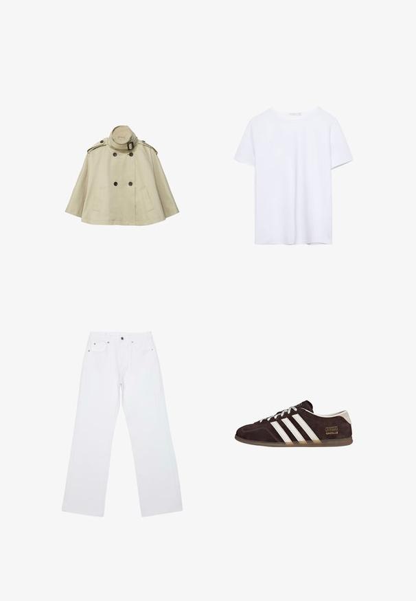 Trench-coat beige court avec boutons noirs double boutonnage, col montant avec boucle, épaulettes et deux poches latérales.; T-shirt blanc uni à manches courtes et col rond avec ourlet droit, présenté sur un fond blanc.; Jean droit blanc avec cinq poches, passants de ceinture et fermeture avant par bouton et zip, posé à plat sur un fond blanc.; Baskets en suède marron avec trois bandes blanches, semelle en caoutchouc, et étiquette avec le texte "Gazelle" en or. Fermeture à lacets avec lacets gris.