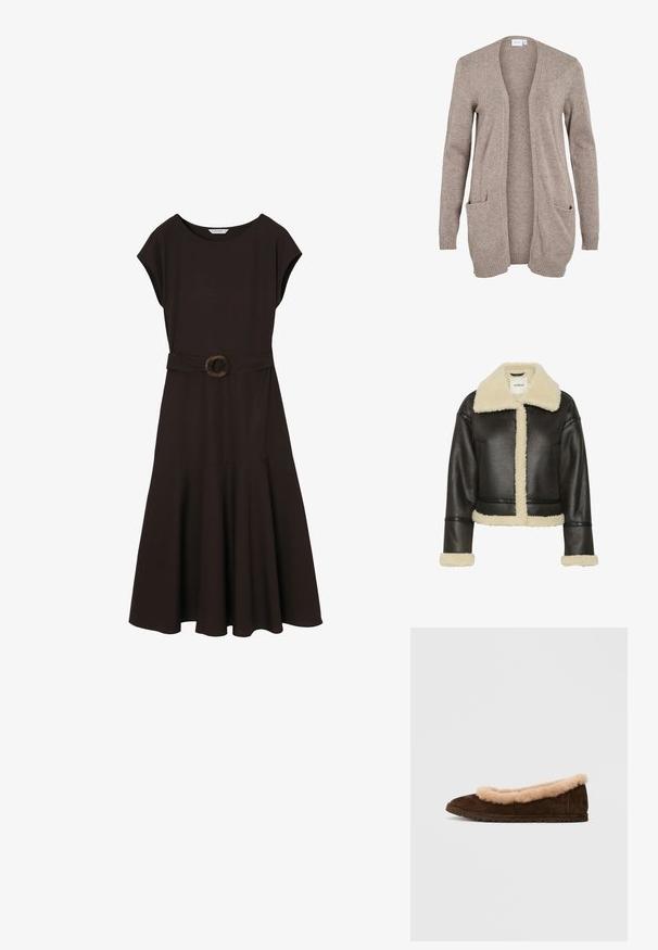 Zwarte neplederen jas met een crèmekleurige schapenvacht kraag en manchetten. Heeft een cropped ontwerp met een sluiting aan de voorkant en zichtbare naden.; Lange beige cardigan met open voorkant, textuur gebreid stof, twee voorkwam pockets en geribde manchetten. Geen sluitingen of versieringen aanwezig.; Zwarte midi-jurk met kapmouwtjes, ronde halslijn en bijpassende riem met een ronde gesp in de taille.; Bruine suède slipper met een pluche, beige schapenvachtafwerking langs de opening. Platte zool met een getextureerde grip voor comfort en stabiliteit.