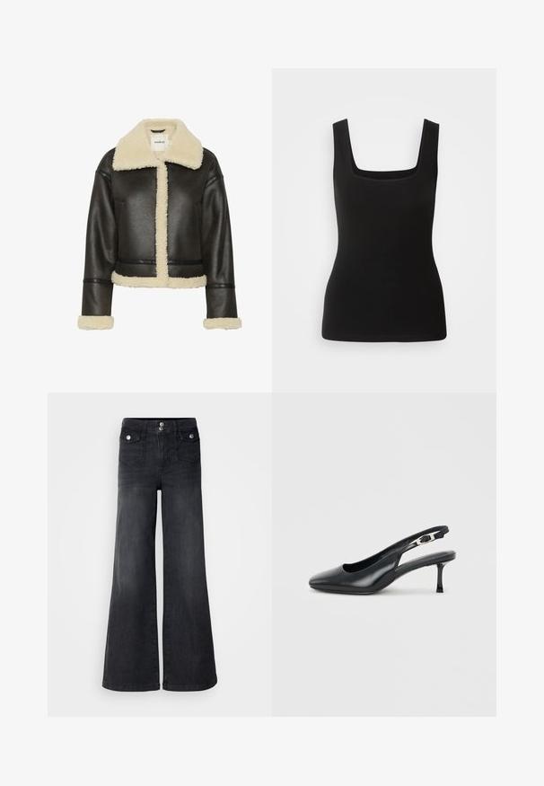 Sort faux læderjakke med en crèmefarvet lammeskindsfarvet krave og manchetter. Har et cropped design med en frontlukning og synlige sømme.; Sort ærmeløs tanktop med firkantet halsudskæring, lavet af glat stof; tætsiddende design uden mønstre eller hardware-detaljer.; Sorte denim brede ben jeans med høj talje, forknapper og to forlommer; glat tekstur med en let falmet finish.; Sort læder slingback-sko med spids snude, lav, slank kittenhæl og justerbar spænde på en ensfarvet lys baggrund.