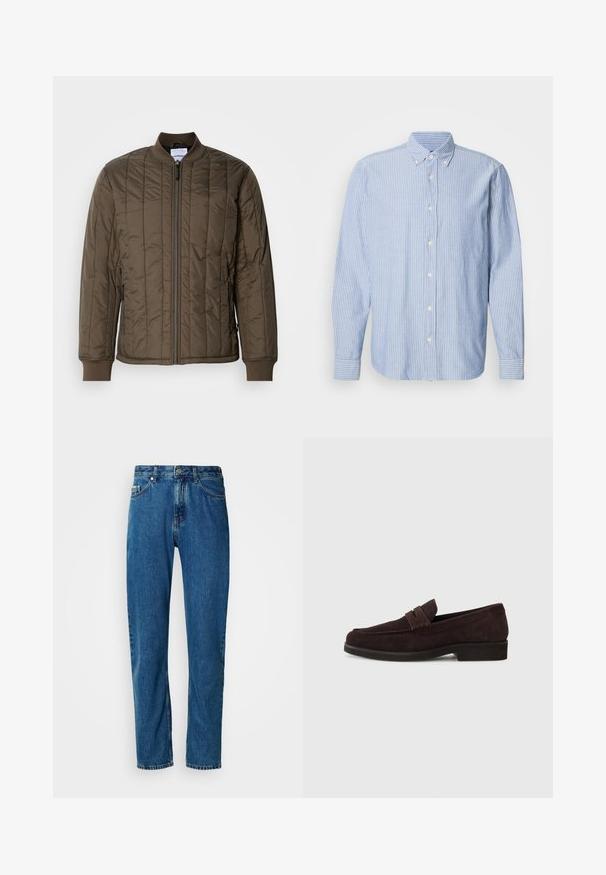 Cazadora bomber acolchada en un verde oliva oscuro, con cierre de cremallera en la parte frontal, puños acanalados y dos bolsillos laterales. Material suave y ligero.; Camisa de botones en azul claro con rayas blancas, que presenta un cuello clásico y mangas largas. Confeccionada en tejido tejido con una textura suave.; Jeans de mezclilla azul de pierna recta con cinco bolsillos y cierre frontal de botón sobre un fondo blanco.; Mocasines de ante marrón con un perfil bajo y punta redonda. Presentan una correa decorativa en la parte superior, suela plana de goma y sin costuras visibles.
