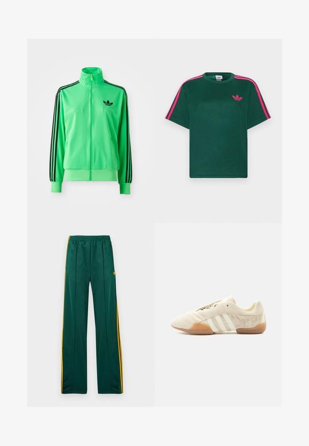 Groene polyester trainingsjack met opstaande kraag, zwarte drie-streepaccents langs de mouwen en een klein zwart logo op de borst.; Groen T-shirt met korte mouwen, helderroze strepen op de schouders en het Adidas trefoil-logo op de borst.; Groene sportbroek met gele zijstrepen, elastische tailleband en twee zijzakken. Gemaakt van glad, lichtgewicht materiaal.; Lage beige sneaker met drie witte strepen, gestructureerde suède zijpanelen, rubberen zool en vetersluiting op een effen achtergrond.