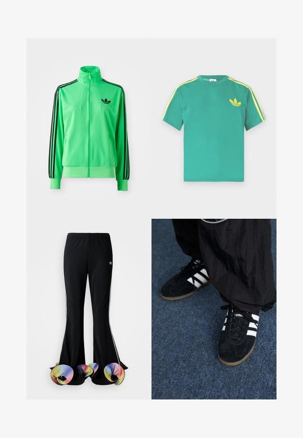Grøn polyester træningsjakke med høj krave, sorte tre-striber langs ærmerne og et lille sort logo på brystet.; Grøn bomulds t-shirt med korte ærmer, med gule striber langs skuldrene og et broderet tre-bladet logo på brystet.; Sorte træningsbukser med en bred flared design. Har farverige, flæset nederste kanter og hvide sidelister. Lavet af strækstof.; Sorte suedetrainingssko med tre hvide striber og sorte snørebånd. Et tekstureret sort bukser er delvist synligt ved siden af skoene.