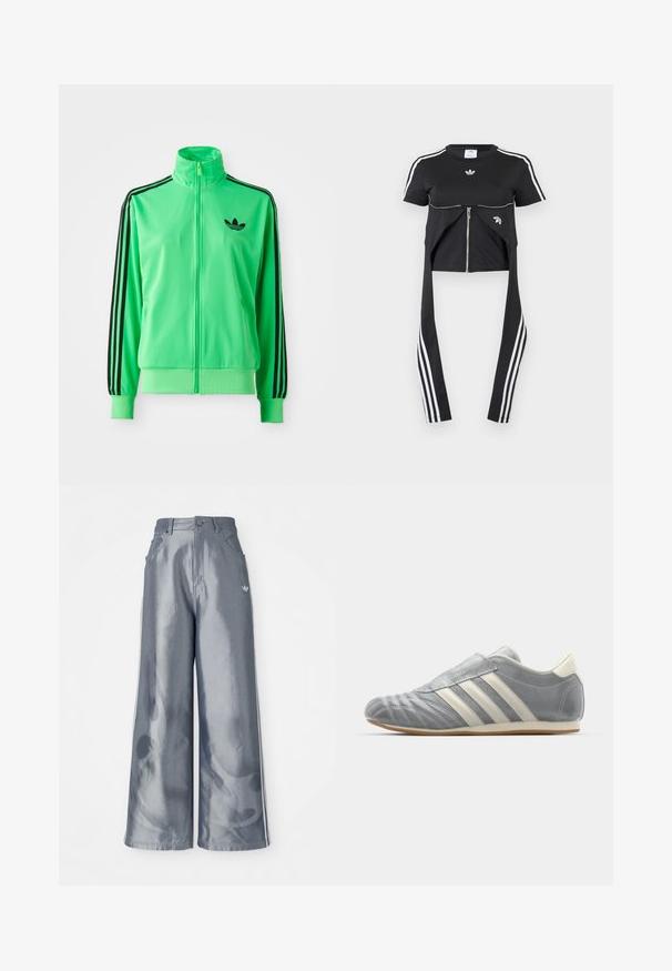 Grøn polyester træningsjakke med høj krave, sorte tre-striber langs ærmerne og et lille sort logo på brystet.; Sort kortærmet top med hvide Adidas-striber på ærmerne, lynlåsdetaile foran og forlængede stofpaneler, der hænger ned med tre hvide striber.; Bredde benbukser i skinnende grå materiale med hvide sidelookstriber og et flammemønster på underbenene. Knap- og lynlåslukning i taljen.; adidas Originals TAEKWONDO W - Sneakers - silver metallic/off white
