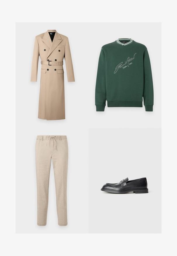 Trench-coat beige croisé avec de gros boutons noirs, une ceinture à la taille et un col cranté, présenté sur un fond uni.; Sweat-shirt vert avec un col côtelé blanc et vert. Présente un motif brodé de style signature sur le devant. Texture douce, coupe décontractée.; Pantalon beige à coupe ajustée avec taille à cordon, passants pour ceinture et poches latérales, présenté à plat sur un fond blanc.; Mocassins en cuir noir avec une finition texturée, dotés d'une bride décorative à l'avant et d'un bout arrondi. Semelle en caoutchouc pour plus de durabilité.