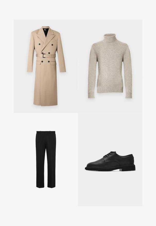 Trench-coat beige croisé avec de gros boutons noirs, une ceinture à la taille et un col cranté, présenté sur un fond uni.; Pull à col roulé beige en mélange de laine douce, doté de manches longues, d'un ourlet et de poignets côtelés, et d'un motif en tricot texturé.; Pantalon formel noir à jambes droites avec passants de ceinture, sans poches visibles, présenté de face sur fond blanc.; Chaussure habillée à lacets pour homme en cuir noir à finition lisse avec semelle épaisse en caoutchouc, vue de profil sur fond blanc.