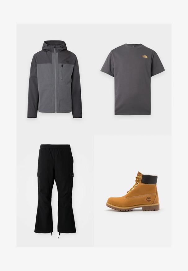 Chaqueta con capucha en tono gris bicolor, con cremallera frontal completa y bolsillo con cremallera en el pecho, presentada sobre un fondo blanco liso.; Camiseta de manga corta color gris oscuro con cuello redondo y pequeño logotipo amarillo de "The North Face" en la parte superior izquierda del pecho.; Pantalones cargo negros con cintura elástica, con bolsillos laterales y piernas acampanadas con cremalleras en los puños, exhibidos sobre un fondo blanco.; Botín de cuero marrón con ojales de metal, forro de piel sintética blanca, cuello acolchado negro, suela resistente y logotipo en relieve en el costado.