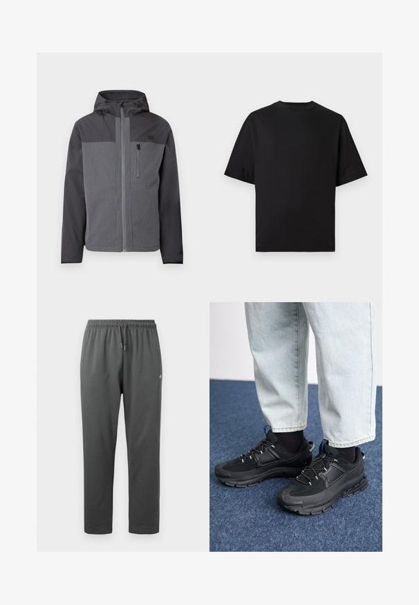 Chaqueta con capucha en tono gris bicolor, con cremallera frontal completa y bolsillo con cremallera en el pecho, presentada sobre un fondo blanco liso.; Camiseta negra de manga corta y cuello redondo con un pequeño y sutil logo en el pecho, exhibida sobre un fondo claro y liso.; Pantalones deportivos de forro polar de color gris oscuro con cintura elástica y cordón, con un pequeño logo en el muslo derecho.; Zapatillas deportivas negras con tejido texturizado y suelas de goma, con cordones elásticos y un acento azul en el talón. Combinadas con pantalones de mezclilla claros.