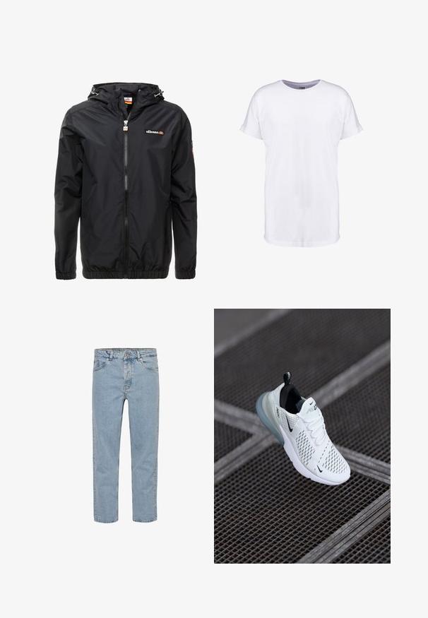 Veste légère noire avec capuche, fermeture éclair sur le devant, poignets élastiques et un logo discret sur la poitrine. Texture lisse et design minimal.; T-shirt blanc uni à manches courtes avec poignets retroussés et col rond, présenté sur fond blanc.; Jean en denim bleu clair à coupe droite, cinq poches, passants de ceinture et braguette à boutons, présenté sur fond blanc uni.; Baskets de sport blanches avec un dessus en maille perforée, des accents noirs, des lacets visibles et une semelle à coussin d'air translucide.