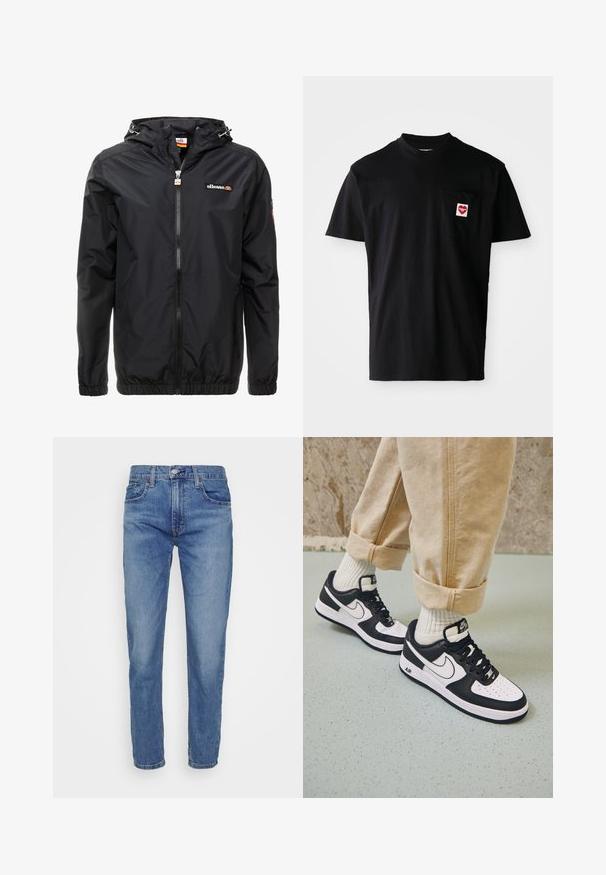 Veste légère noire avec capuche, fermeture éclair sur le devant, poignets élastiques et un logo discret sur la poitrine. Texture lisse et design minimal.; T-shirt en coton noir avec un col rond, des manches courtes et une poche sur la poitrine gauche arborant un patch en forme de cœur rouge avec du texte blanc.; Levi's® 502™ TAPER HI BALL - Jean slim - dolf bombay adv; Baskets Nike Air Force 1 en noir et blanc avec un dessus en cuir, orteil perforé et détail de semelle texturée, portées avec un pantalon beige retroussé et des chaussettes blanches.