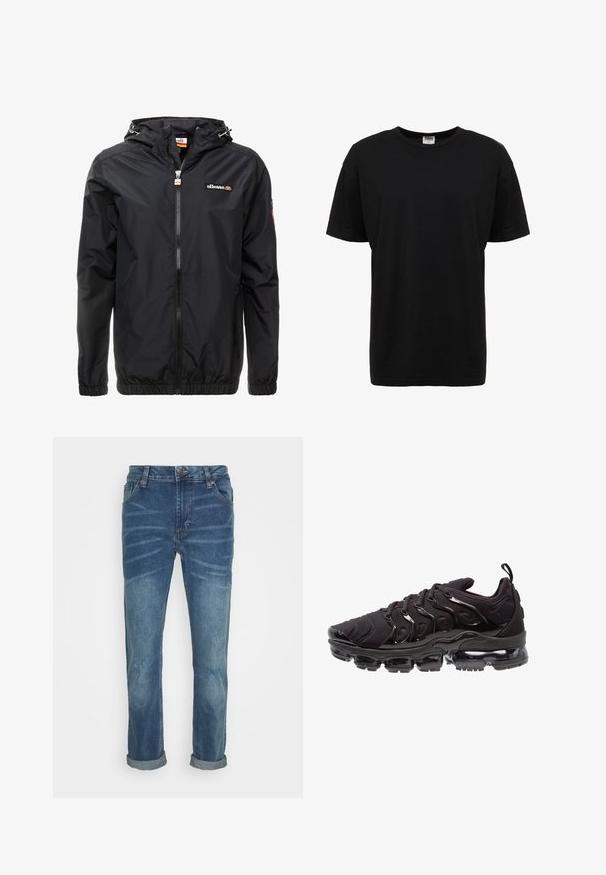 Veste légère noire avec capuche, fermeture éclair sur le devant, poignets élastiques et un logo discret sur la poitrine. Texture lisse et design minimal.; T-shirt en coton noir à col rond avec des manches courtes, coupe standard, texture lisse, et sans motifs ni accents visibles.; Jean en denim bleu avec une coupe droite, légèrement délavé et avec des ourlets roulés. Comprend cinq poches et une fermeture à bouton à la taille.; Chaussures de sport noires avec une tige en tissu texturé, des accents brillants et une semelle à coussin d'air proéminente. Présente des éléments de design distincts en forme de vague.