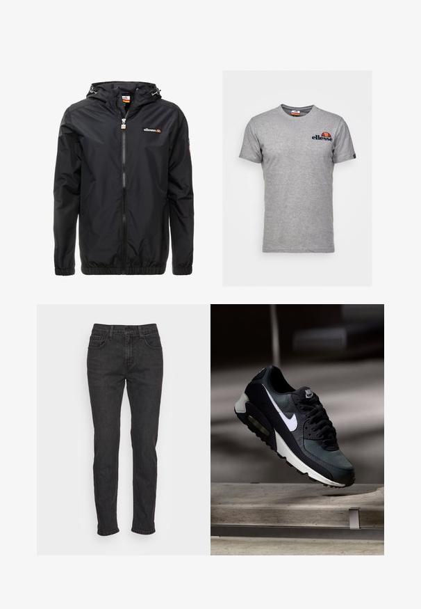 Veste légère noire avec capuche, fermeture éclair sur le devant, poignets élastiques et un logo discret sur la poitrine. Texture lisse et design minimal.; T-shirt en coton gris à manches courtes. Arborant un logo "ellesse" bleu foncé sur la poitrine gauche et un détail de logo coloré au niveau de l'encolure.; Jean en denim noir avec une coupe ajustée, comportant cinq poches, des passants de ceinture et des détails de couture subtils. Texture usée sur le tissu.; Baskets Nike Air Max noires et grises avec un logo blanc, suspendues au-dessus d'une surface en béton sur un fond sombre flou.