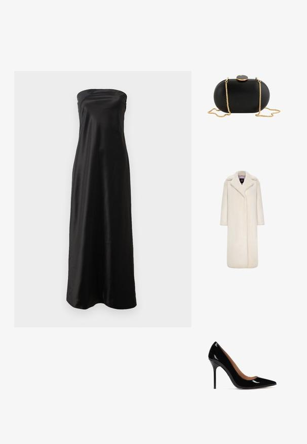 Lange, ivoren faux fur jas met een geknipte kraag, lange mouwen en een open voorkant. Zachte textuur en een silhouet van volle lengte.; Zwart strapless maxi-jurk van satijnen materiaal, met een eenvoudig ontwerp, een gladde textuur en een vloeiende silhouet.; Zwarte gepatineerde leren hoge hakpomp met een spitse neus en een slanke silhouet. Beschikt over een stiletto-hak en een gladde binnenvoering.; Zwarte ovale clutch met een glad oppervlak, gouden kettingriem en een ronde zwart-met-gouden sluiting bovenaan tegen een witte achtergrond.