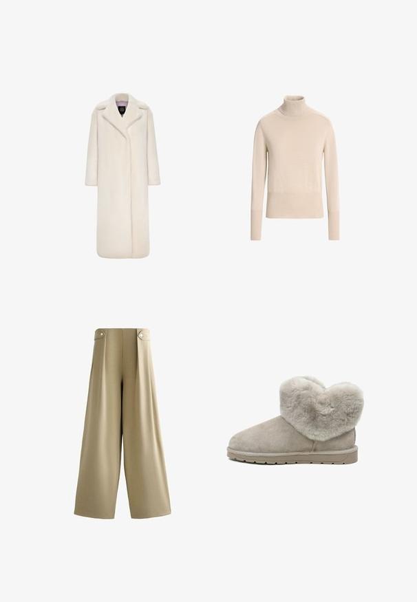 Langer Kunstpelzmantel in Elfenbein mit Schalkragen, langen Ärmeln und offener Frontgestaltung. Weiche Textur und durchgehende Silhouette.; Luisa Spagnoli CAMINETTO - Strickpullover - avorio; Beige Hosen mit weitem Bein, hoher Taille und mit Knöpfen versehene Schlaufen an jeder Seite des Bunds, glatter Vorderseite und langem Saum.; Beige Schafslederstiefel mit einem weichen, flauschigen Fellkragen, glattem Wildleder, runder Zehenpartie und einer strapazierfähigen, strukturierten Gummisohle.