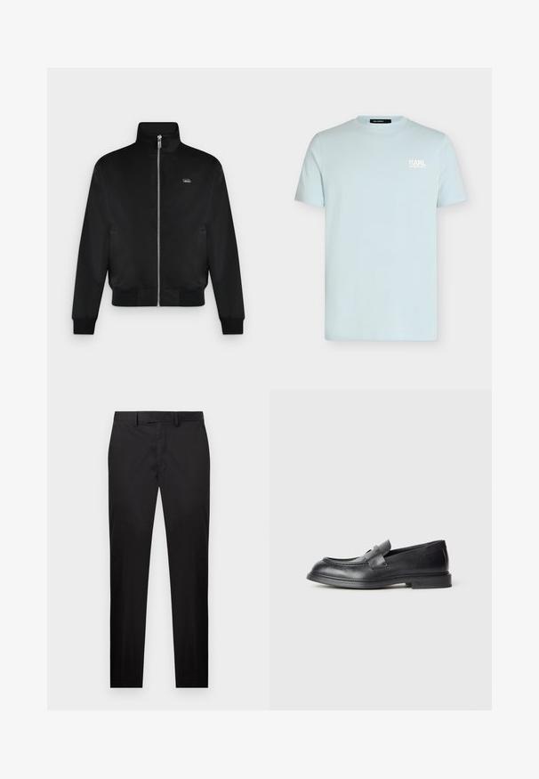 Veste noire zippée avec col montant, manches longues, poignets et ourlet côtelés, et petit logo sur la poitrine gauche.; T-shirt bleu clair à manches courtes avec petit logo blanc "KARL LAGERFELD" sur la poitrine gauche.; Pantalon noir slim avec passants pour ceinture, fermeture avant par bouton et zip, et poches latérales, présenté sur un fond blanc.; Mocassins en cuir noir avec une finition texturée, dotés d'une bride décorative à l'avant et d'un bout arrondi. Semelle en caoutchouc pour plus de durabilité.