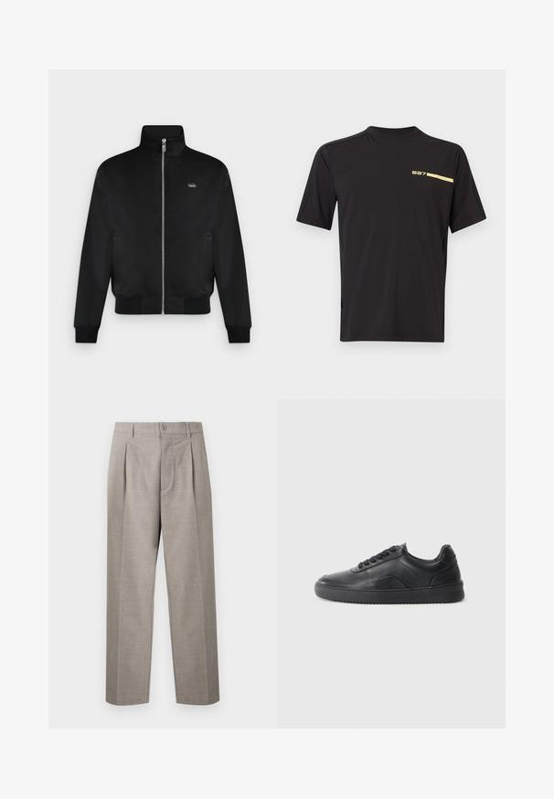 Veste noire zippée avec col montant, manches longues, poignets et ourlet côtelés, et petit logo sur la poitrine gauche.; T-shirt de sport noir à manches courtes avec petit logo jaune "e27" et bande sur la partie supérieure gauche de la poitrine, col rond, et panneaux latéraux texturés subtils.; Pantalon droit de costume gris clair avec plis, passants pour ceinture, fermeture par bouton et braguette à glissière, présenté sur un fond uni.; Chaussure de sport en cuir noir avec une finition lisse, bout arrondi, panneau latéral texturé et lacets noirs. Présente une semelle en caoutchouc plate et un design minimaliste.