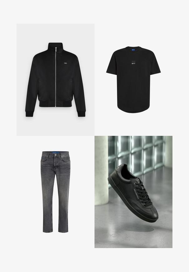 Veste noire zippée avec col montant, manches longues, poignets et ourlet côtelés, et petit logo sur la poitrine gauche.; T-shirt noir à manches courtes en coton doux. Présente un petit patch logo carré à l'avant, un col rond et un ourlet arrière plus long.; Jean en denim gris avec une coupe droite, design à cinq poches et décoloration subtile. Caractéristiques : fermeture à bouton et à zip, et coutures contrastantes.; Basket en cuir noir avec une finition texturée, lacets plats, bout arrondi et semelle en caoutchouc. Détail logo sur le côté.