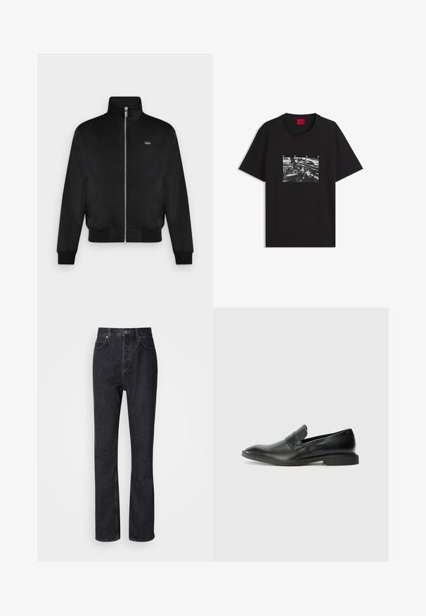 Veste noire zippée avec col montant, manches longues, poignets et ourlet côtelés, et petit logo sur la poitrine gauche.; T-shirt noir avec une impression en noir et blanc d'un volant et d'un tableau de bord de voiture, et texte "HUGO" au-dessus de l'image.; Jean en denim noir taille haute avec fermeture à bouton et à glissière, poches avant et arrière, et coupe droite.; Mocassins en cuir noir avec une texture lisse, un nez pointu et un petit talon rectangulaire. Présente un détail de bande horizontale sur le dessus.