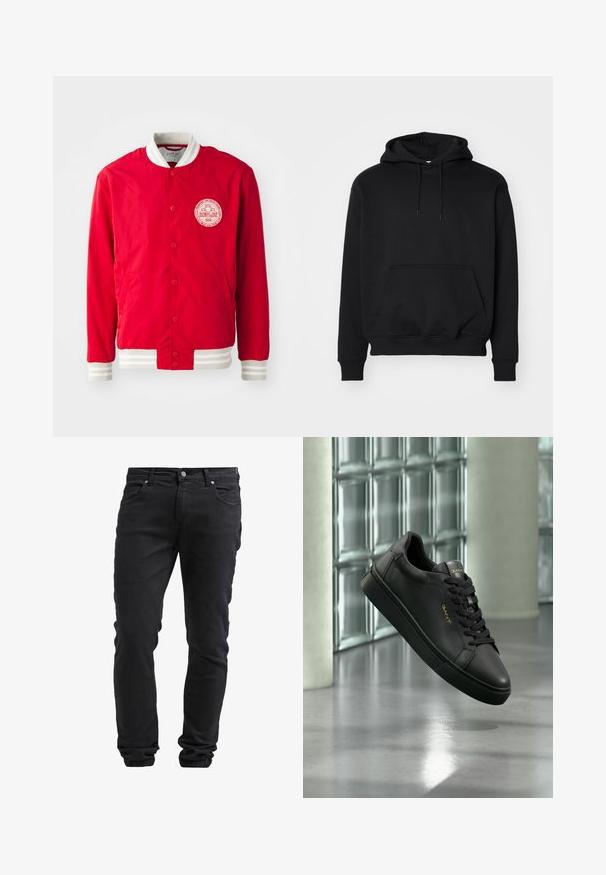 Veste bomber rouge en tissu lisse avec un patch logo blanc, un col côtelé blanc et des poignets rayés. Présente une fermeture à boutons-pression.; Sweat à capuche noir en mélange de coton doux, doté d'une poche kangourou, d'une capuche avec cordon de serrage, de poignets côtelés et d'une coupe décontractée.; Jeans noirs ajustés avec fermeture à bouton et à glissière, cinq poches et poignets élastiques aux chevilles.; Baskets en cuir noir avec lacets noirs et logo doré GANT flottant à l'intérieur sur un sol en béton poli près d'un mur en blocs de verre.
