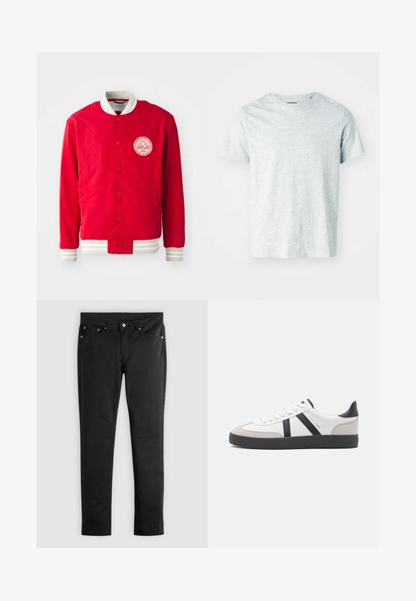 Veste bomber rouge en tissu lisse avec un patch logo blanc, un col côtelé blanc et des poignets rayés. Présente une fermeture à boutons-pression.; T-shirt gris clair à manches courtes en tissu doux, avec un col rond et une coupe légèrement décontractée. Aucun motif ou graphique visible.; Jean en denim noir à coupe slim, doté d'un design classique à cinq poches, de ferrures métalliques et d'une texture lisse et mate.; Baskets blanches avec des accents noirs et gris, présentant un embout texturé gris, une semelle en caoutchouc noir et des lacets plats blancs. Design épuré, style minimaliste.