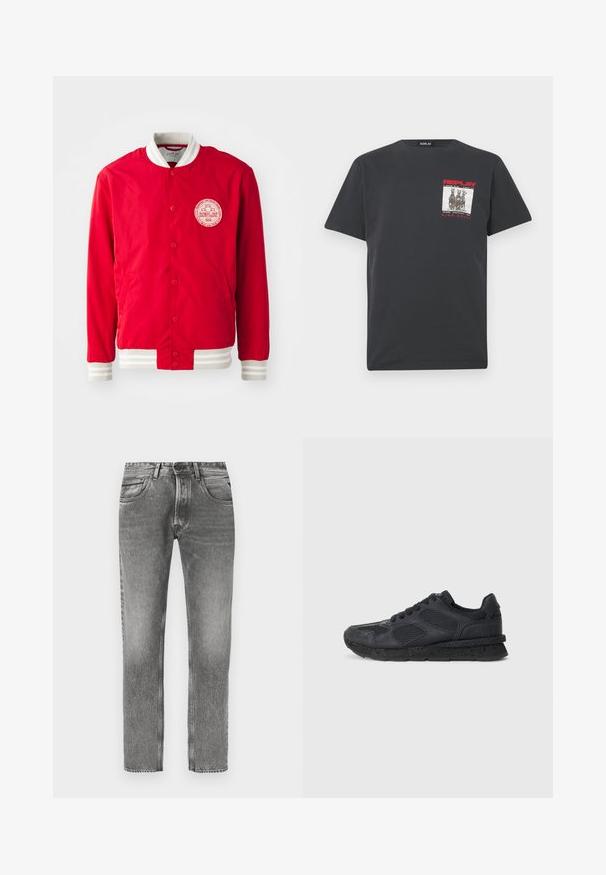 Veste bomber rouge en tissu lisse avec un patch logo blanc, un col côtelé blanc et des poignets rayés. Présente une fermeture à boutons-pression.; T-shirt en coton noir à manches courtes, présentant une impression graphique carrée en gris et rouge sur le côté gauche de la poitrine, étiquetée "REPLAY WIDE AWAKE."; Jean en denim gris avec une coupe droite, finition délavée, cinq poches, passants pour ceinture et détails de couture contrastants.; Replay ARTHUR ATOM - Baskets basses - black