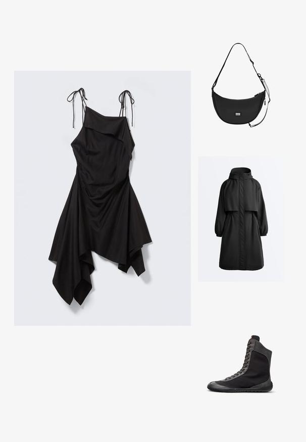 Sort lang parka med hætte, elastiske manchetter, forreste lynlås dækket af en stormklap og en kappeoverdel på skuldrene.; Sort asymmetrisk kjole med tynde bindebånd, draperet bodice og lommetørklædeformet kant på en lysegrå baggrund.; Sort højtopsneaker med grå ruskindskant, snørelukning foran og en flad gummisål vist i højre sideprofil på hvid baggrund.; Sort skuldertaske med en buet form, lavet af glat materiale. Har en justerbar rem og et logo-patch foran. Lynlåslukning.