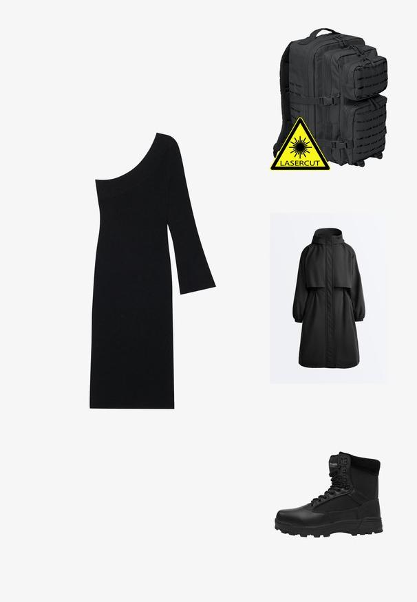 Parka longue noire à capuche avec poignets élastiques, fermeture éclair avant recouverte d'un rabat coupe-vent et une cape superposée sur les épaules.; Robe en tricot côtelé noire avec un décolleté asymétrique et une manche cloche, présentant une silhouette ajustée et longueur genou.; Bottes tactiques noires avec une finition en cuir lisse, des panneaux en maille, un bout renforcé et une semelle robuste. Caractéristiques d'un design à lacets et d'un col rembourré.; Sac à dos tactique noir avec plusieurs compartiments, dos en mesh rembourré et accents découpés au laser ; comprend des zippers renforcés et des bretelles ajustables.