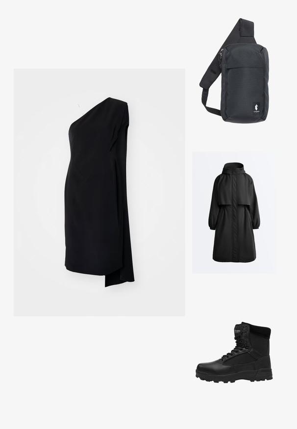 Zwarte lange parka-jas met capuchon, elastische manchetten, ritssluiting aan de voorkant bedekt met een stormklep en een kapmantel over de schouders.; Zwarte asymmetrische jurk met één schouder, gemaakt van een gladde stof, met een gedrapeerd ontwerp en een zijsplit voor extra detail.; Zwarte tactische laarzen met een gladde leren afwerking, meshpanelen, versterkte neus en robuuste zool. Voorzien van veters en een gevoerde kraag.; Zwarte crossbodytas gemaakt van duurzaam stof, met een gevoerde, ademende band, ritssluitingen en een logolabel aan de voorkant.