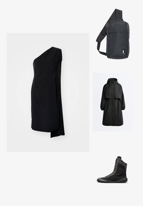 Sort lang parka med hætte, elastiske manchetter, forreste lynlås dækket af en stormklap og en kappeoverdel på skuldrene.; Sort asymmetrisk kjole med én skulder, lavet af glat stof, med en draperet design og en sideslids for ekstra detaljer.; Sort højtopsneaker med grå ruskindskant, snørelukning foran og en flad gummisål vist i højre sideprofil på hvid baggrund.; Sort crossbody taske lavet af slidstærkt stof, med en polstret, åndbar rem, lynlåslommer og en logomærkat foran.