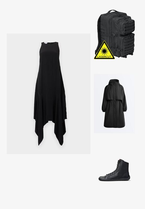 Zwarte lange parka-jas met capuchon, elastische manchetten, ritssluiting aan de voorkant bedekt met een stormklep en een kapmantel over de schouders.; Zwarte mouwloze jurk met hoge halslijn en asymmetrische zakdoekzoom, getoond tegen een effen lichte achtergrond.; Zwarte hoge leren sneaker met zwarte veters, platte zool en merklabel op het enkelgebied, vanaf de zijkant getoond op een witte achtergrond.; Zwarte tactische rugzak met meerdere compartimenten, een gevoerde mesh rug en laser-gekapte accenten; inclusief versterkte ritsen en verstelbare banden.