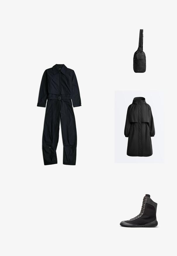 Zwarte lange parka-jas met capuchon, elastische manchetten, ritssluiting aan de voorkant bedekt met een stormklep en een kapmantel over de schouders.; Zwarte jumpsuit met lange mouwen en kraag, ritssluiting aan de voorkant, verstelbare riem in de taille en ritsen nabij de onderkant van brede pijpen op een witte achtergrond.; Zwarte hoge sneaker met grijze suède afwerking, veters aan de voorkant en een platte rubberen zool, afgebeeld in een rechter zijaanzicht op een witte achtergrond.; Zwarte schoudertas van textuurstof, met een enkele gewatteerde schouderband, een voorvak met rits en een logo-opdruk aan de onderkant.