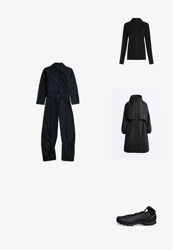 Zwarte lange parka-jas met capuchon, elastische manchetten, ritssluiting aan de voorkant bedekt met een stormklep en een kapmantel over de schouders.; Zwarte jumpsuit met lange mouwen en kraag, ritssluiting aan de voorkant, verstelbare riem in de taille en ritsen nabij de onderkant van brede pijpen op een witte achtergrond.; Zwarte volledig ritssluiting jas met capuchon, lange mouwen, duimgaten en subtiele naden aan de voorkant en mouwen.; Zwarte sportschoen met een slank ontwerp, mesh uitsnijdingen aan de zijkant en een hoge enkelkraag met vastgemaakte riemen.